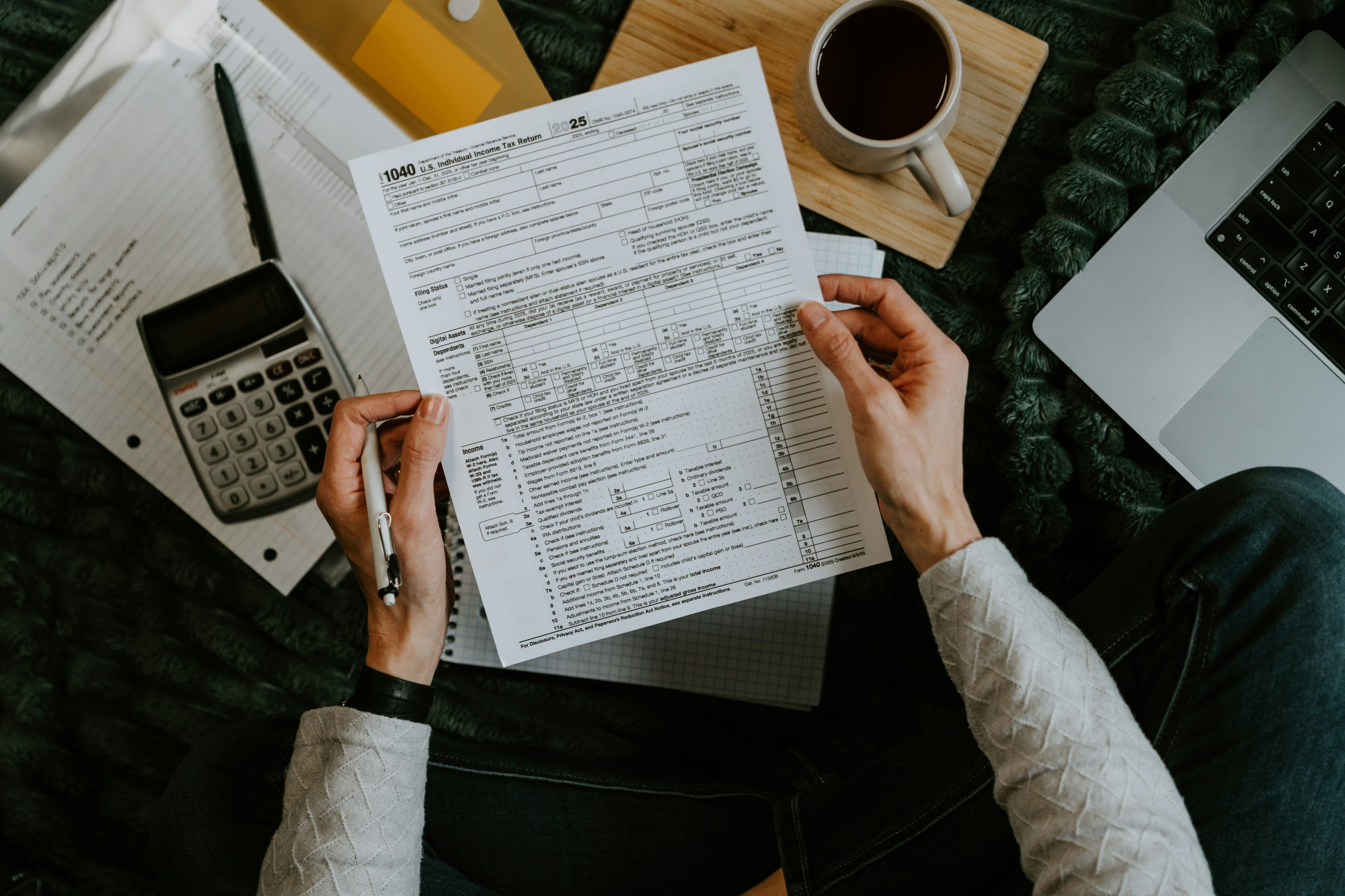 Filing taxes at a desk
